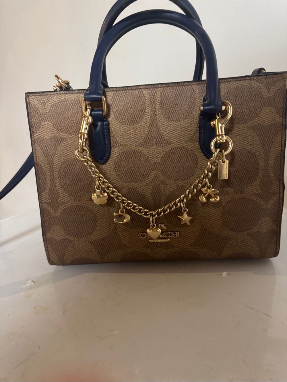 Coach Maggie tote Signature Satchel with Navy Trim and Gold Charm Chain